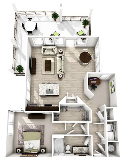 3d floor plan of a 1 bedroom apartment